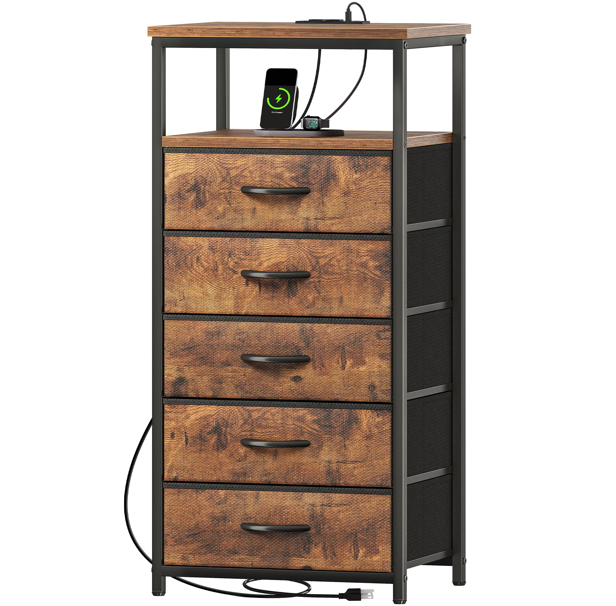 5 Drawers Dresser with Charging Station, Dresser for Bedroom, Tall Night Stand, Chest of Drawers with Open Shelf, Bedside Table Nightstand, Fabric Dresser, for Entryway, Rustic Brown